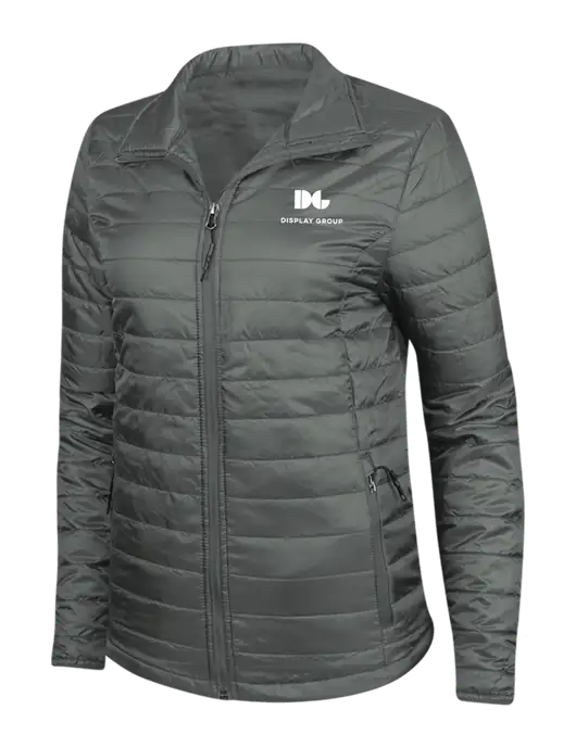 Dark Grey Womens Puffy Packable Jacket w/Display Group Logo