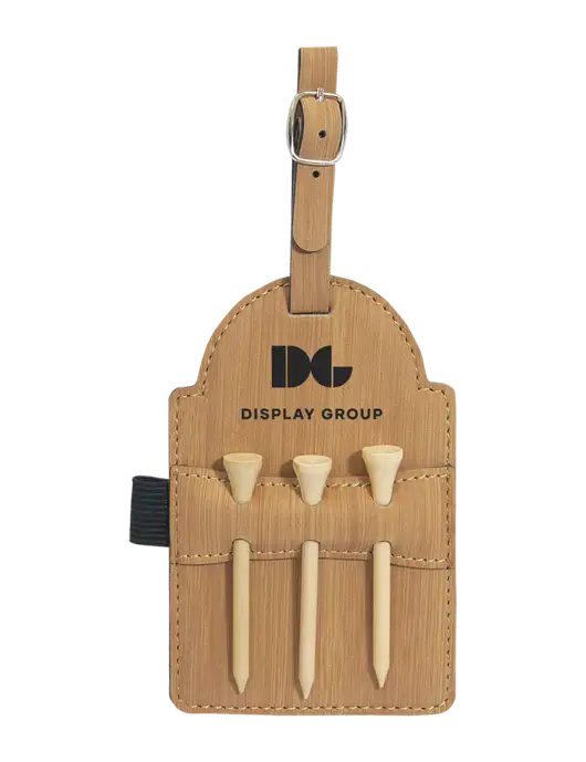 Bamboo Leatherette Golf Bag Tag with 3 Wooden Tees w/Display Group Logo