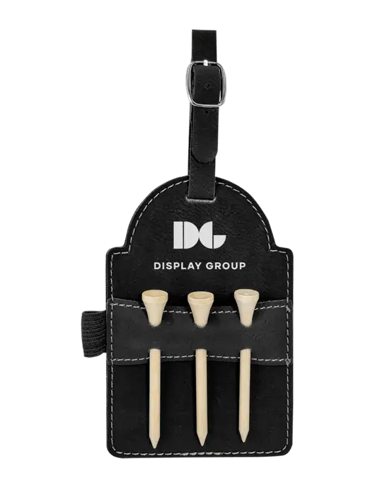 Black Leatherette Golf Bag Tag with 3 Wooden Tees w/Display Group Logo