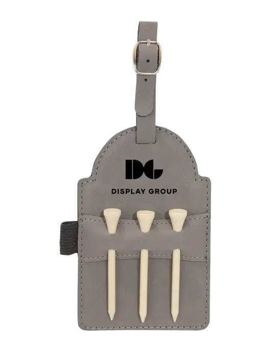Grey Leatherette Golf Bag Tag with 3 Wooden Tees w/Display Group Logo