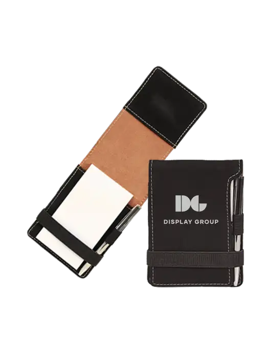Black Leatherette Mini Notepad with Pen,  3.25 x 4.75 w/Display Group Logo
