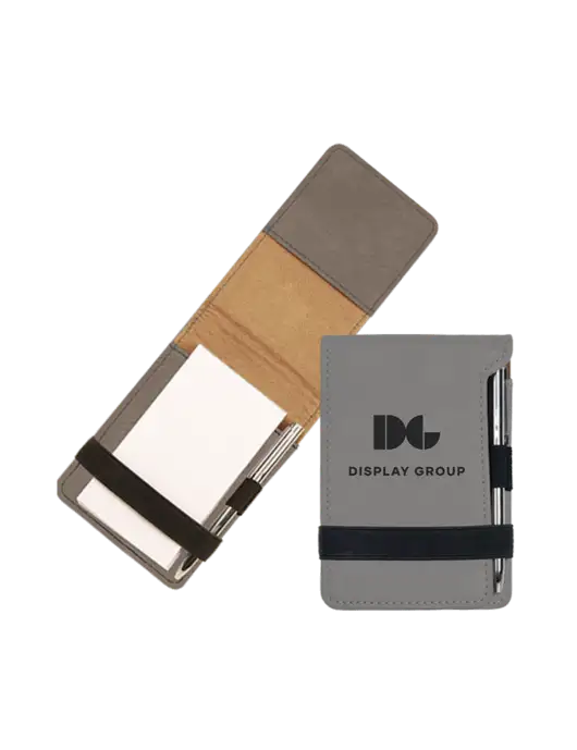 Grey Leatherette Mini Notepad with Pen,  3.25 x 4.75 w/Display Group Logo