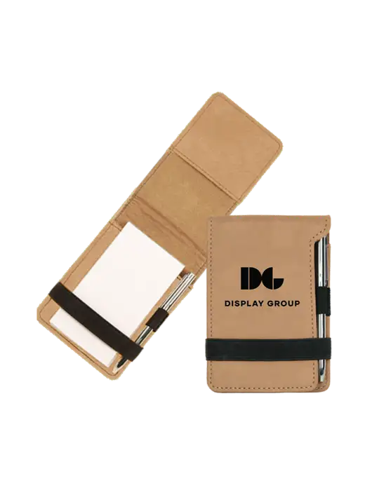 Tan Leatherette Mini Notepad with Pen,  3.25 x 4.75 w/Display Group Logo