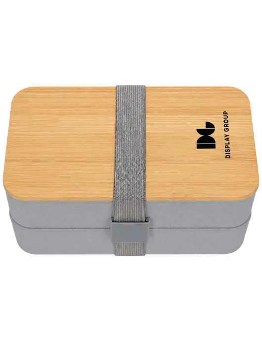Double Decker Light Medium Grey Lunch Box w/Eco-Friendly FSC Bamboo Lid & Reusable Utensils w/Display Group Logo
