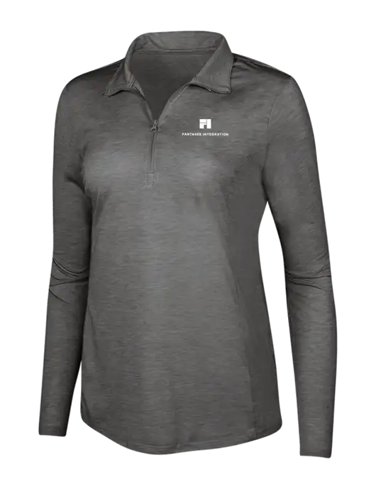 Dark Grey Heather Womens Posicharge Tri-Blend Wicking 1/4 Zip Pullover w/Fantasee Integration Logo