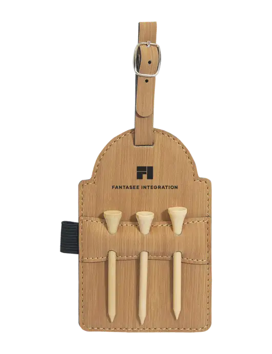 Bamboo Leatherette Golf Bag Tag with 3 Wooden Tees w/Fantasee Integration Logo
