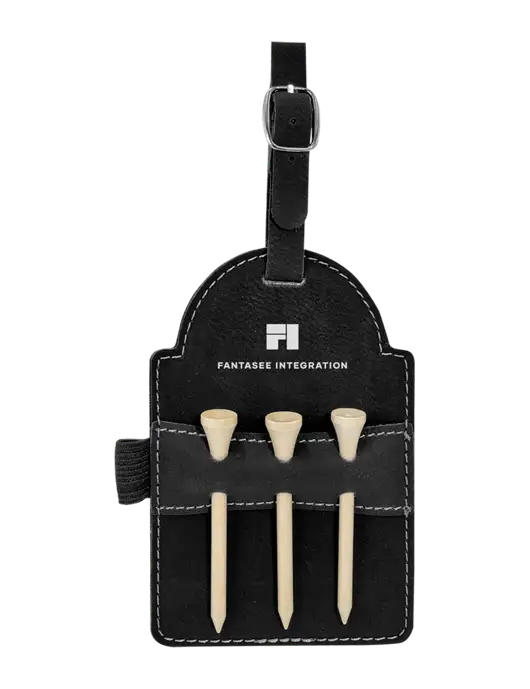 Black Leatherette Golf Bag Tag with 3 Wooden Tees w/Fantasee Integration Logo