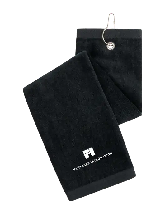Black Tri-Fold Golf Towel with Grommet w/Fantasee Integration Logo