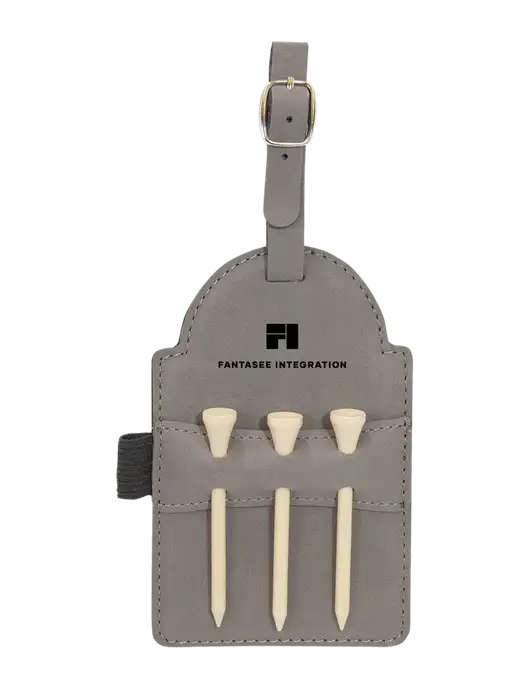 Grey Leatherette Golf Bag Tag with 3 Wooden Tees w/Fantasee Integration Logo