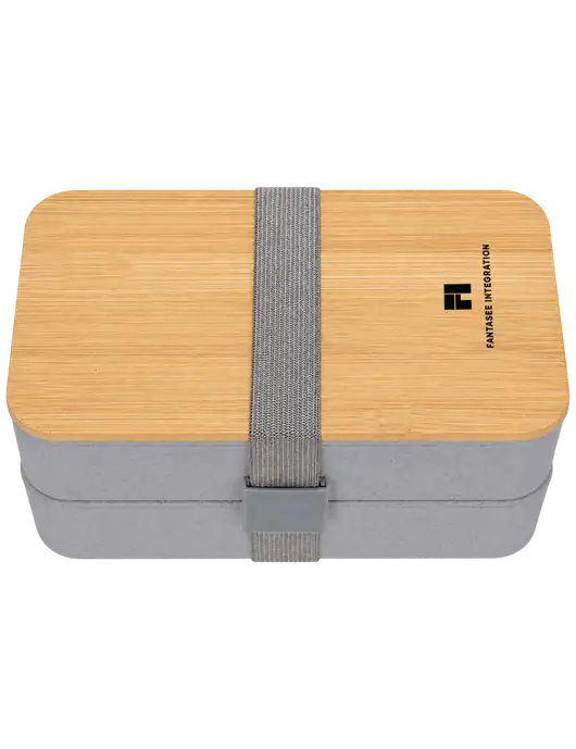 Double Decker Light Medium Grey Lunch Box w/Eco-Friendly FSC Bamboo Lid & Reusable Utensils w/Fantasee Integration Logo