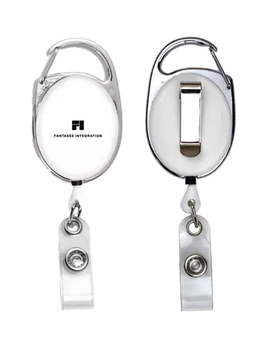 White Carabiner Style Badge Reel and Badge Holder w/Fantasee Integration Logo